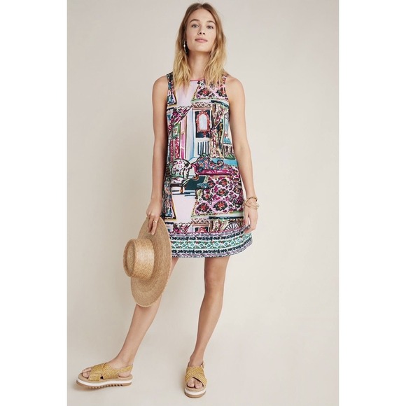 Anthropologie Dresses & Skirts - Anthropologie Sleeveless A-Line Dress Art Scene Print Pink Blue Size Medium